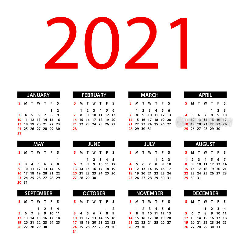 日历2021 -简单布局插图。一周从周日开始。日历设定为2021年